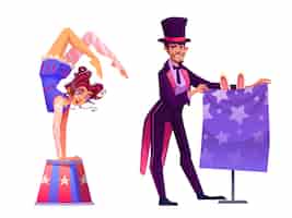 Бесплатное векторное изображение Цирковая художница, персонаж мультфильма, гибкая девушка-гимнастка, стоящая на руках, и мужчина-фокусник во фраке и шляпе, показывающий трюк с кроликом. векторная иллюстрация артистов театра в костюмах