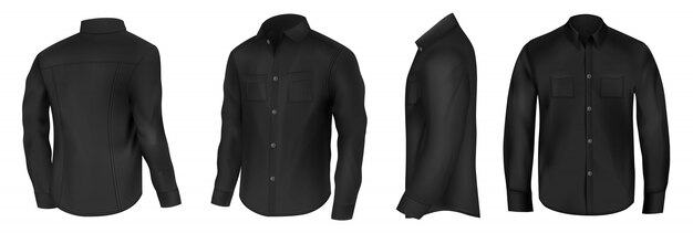 Classic shirt of black silk with long sleeves and pockets on chest in half turn front, side and back