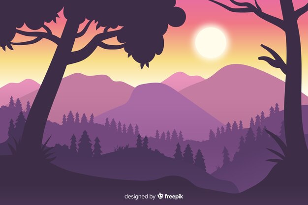 Close-up silhouettes of trees and mountains