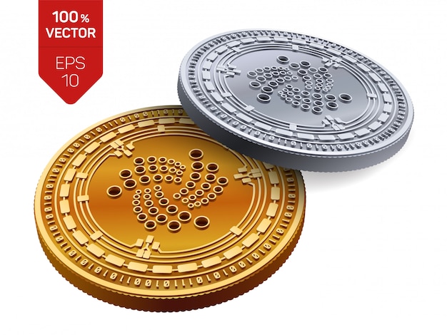 Бесплатное векторное изображение Криптовалюта золотые и серебряные монеты с символом йоты на белом фоне.
