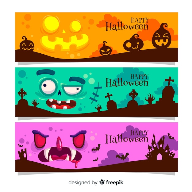 Бесплатное векторное изображение Жуткие баннеры хэллоуина с плоским дизайном