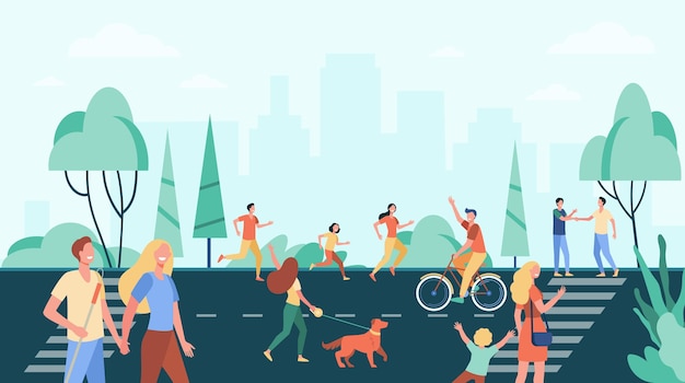 Бесплатное векторное изображение Толпа людей, занимающихся деятельностью и наслаждающихся отдыхом на улице возле городского парка.