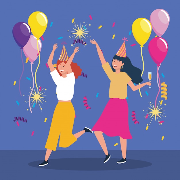 Бесплатное векторное изображение Милые женщины с блестящими фейерверками и воздушными шарами
