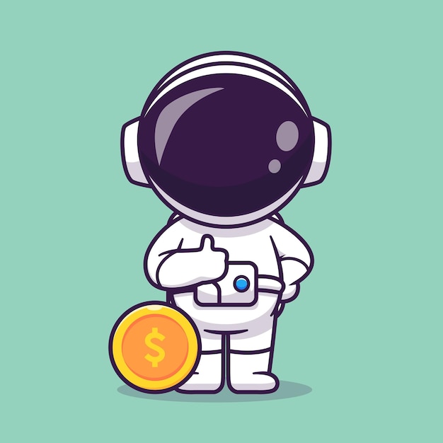 Милый астронавт поднимает палец вверх с векторной иконкой золотой монеты Изолированный научный бизнес