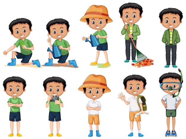 Free vector boy with black hair doing different activities on white