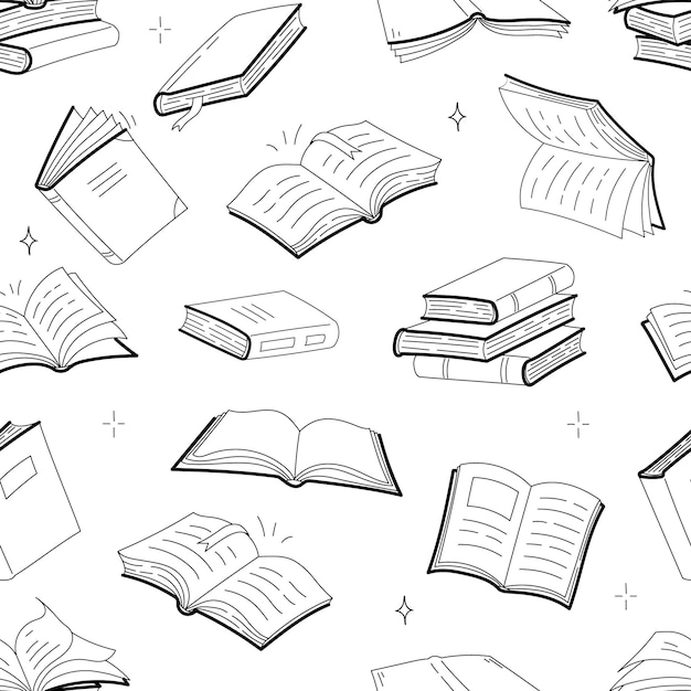 Free vector books seamless pattern, doodle outline textbooks