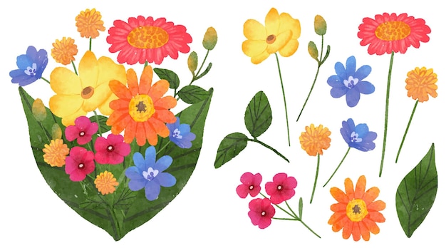 Бесплатное векторное изображение Красивый букет цветов и листья для украшения в стиле акварели