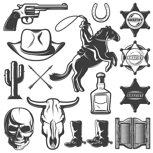 Free vector black wild west isolated icon set with cowboy and sheriff attributes and protagonist