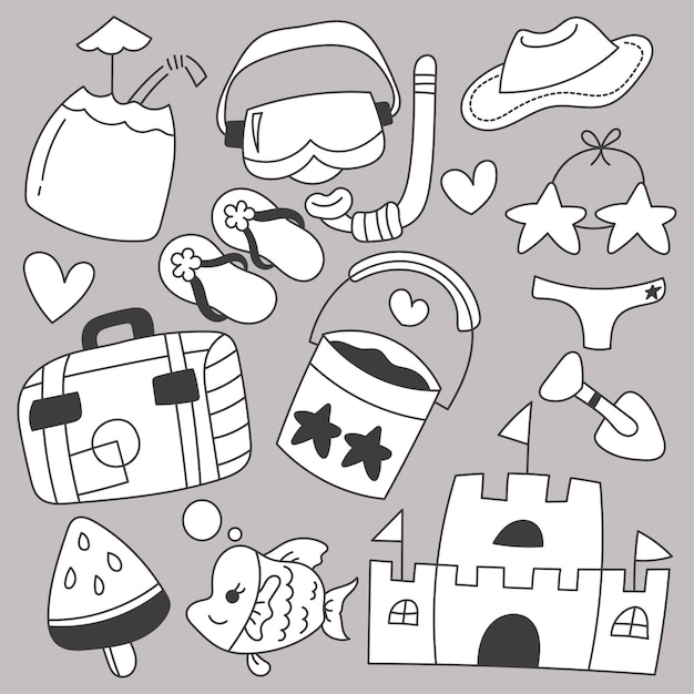 Bundle Set of travel on summer holidays with cartoon items hand drawing sketch