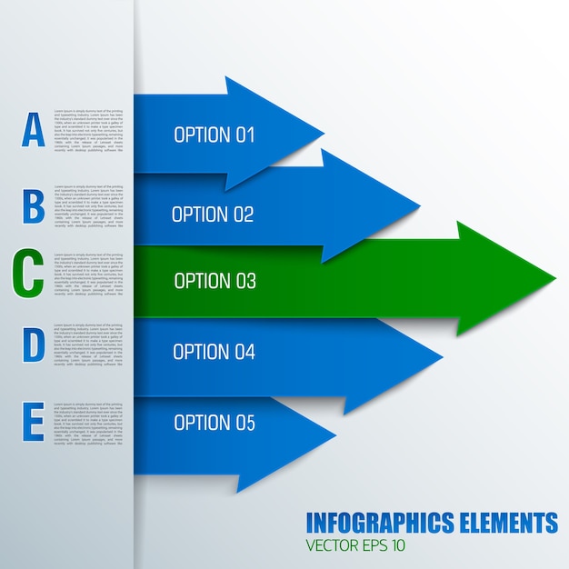 Бесплатное векторное изображение Бизнес-концепция стрелочной диаграммы с пронумерованными текстовыми полями синего и зеленого цветов