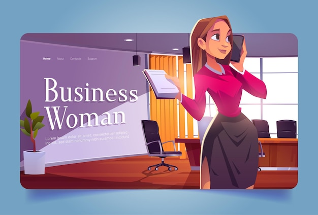 Деловая женщина работает в офисе на целевой странице мультфильма, карьера бизнес-леди, секретарь или леди-босс со смартфоном и блокнотом в руках, работая в кабинете со столом и стульями, вектор веб-баннер