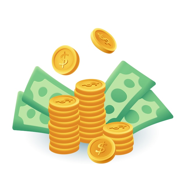Free vector gold coins and banknotes 3d cartoon style icon. stack of coins with dollar sign, wad of money or cash, savings flat vector illustration. wealth, economy, finance, profit, currency concept