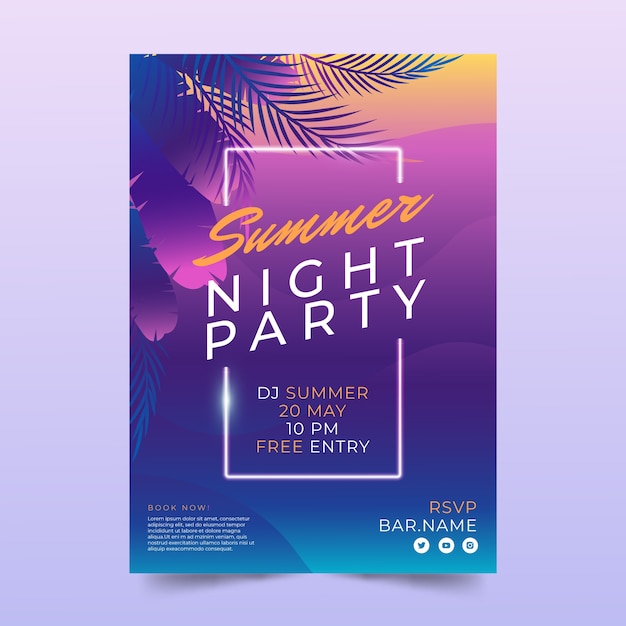 Gradient summer night party poster template with vegetation