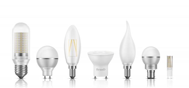 Различные формы, размера, основания и нити накаливания Светодиодные лампы 3D реалистичный набор, изолированных на белом.