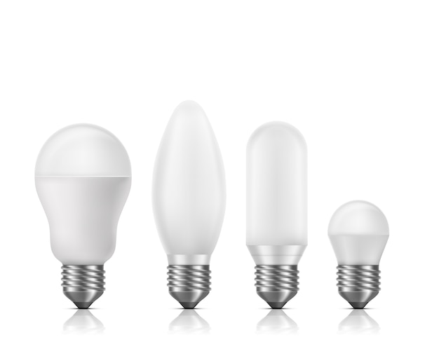 Различные формы и размера, флуоресцентные или светодиодные лампы с белым матовым стеклом и E27 база 3d реалистичный набор векторных изолированы. Высокоэффективные лампы с увеличенным сроком службы