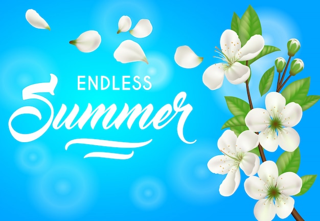 Бесплатное векторное изображение Бесконечное лето, баннер с яблони расцветает на голубом фоне.