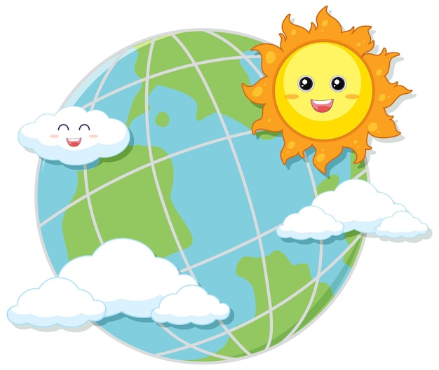 Бесплатное векторное изображение Земной шар с улыбкой солнца и облака