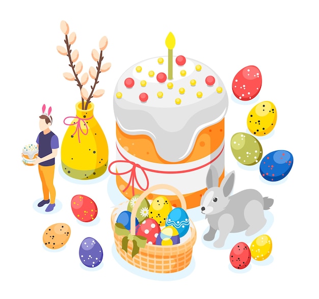 Бесплатное векторное изображение Пасхальная изометрическая фоновая композиция с изображениями крашеных яиц большой пасхальный кролик и ветка ивы