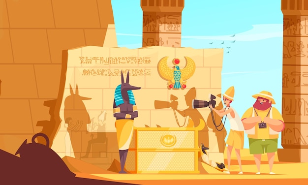 Бесплатное векторное изображение Путешествие по египту мультяшная композиция с посетителями погребальной камеры, делающими скульптуру бога смерти возле гробницы фараона