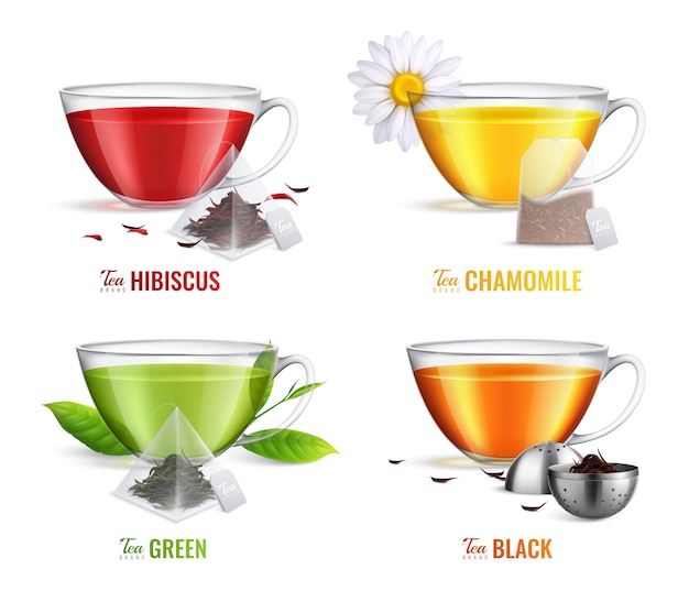 Бесплатное векторное изображение Четыре квадратных реалистичный набор для заваривания чая с зеленым и черным чаем со вкусом ромашки зеленого и черного чая