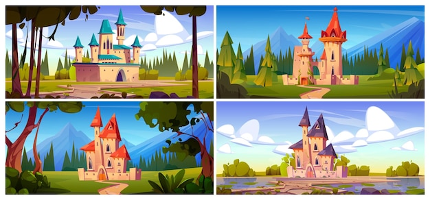 Free vector fairy tale medieval castle cartoon background set