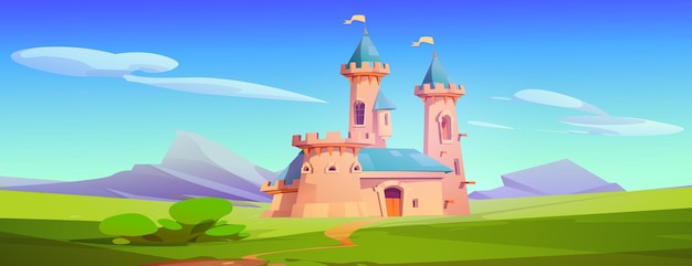 Free vector fairytale medieval royal castle on natural landscape cartoon vector illustration of fantasy kingdom palace with flag on princess tower and path road to wooden gate king building standing on meadow