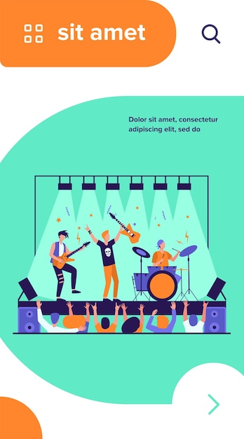 Бесплатное векторное изображение Известная рок-группа играет музыку и поет на сцене плоской векторной иллюстрации