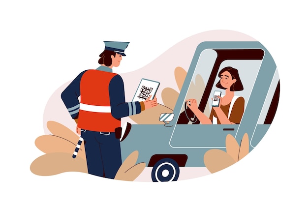Плоский инспектор ГИБДД проверяет цифровые водительские права молодой женщины, сканирует QR-код с помощью телефона