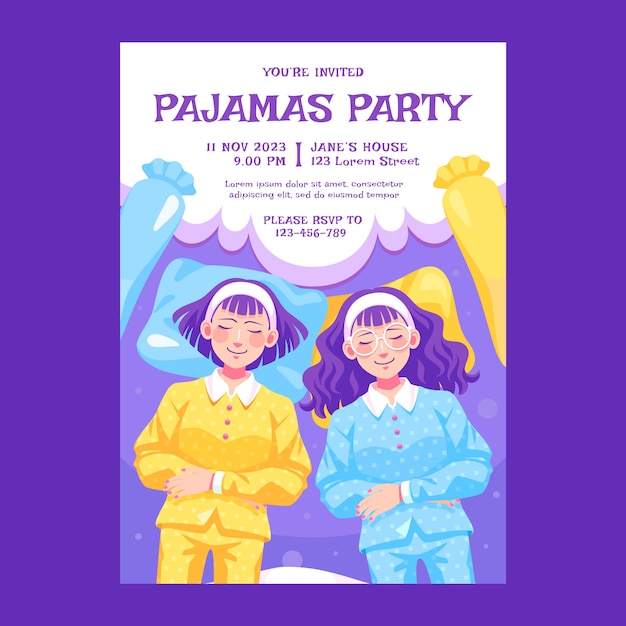 Бесплатное векторное изображение Плоский вертикальный шаблон плаката для пижамной вечеринки