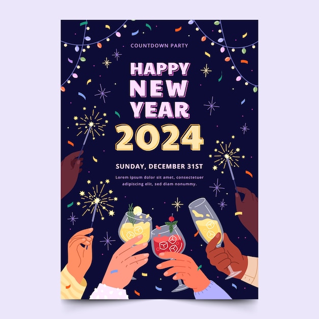 Плоский вертикальный шаблон плаката для празднования Нового 2024 года