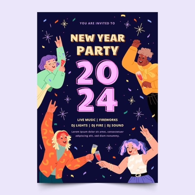 Плоский вертикальный шаблон плаката для празднования Нового 2024 года