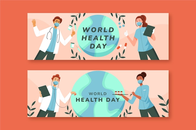 Набор горизонтальных баннеров плоского всемирного дня здоровья