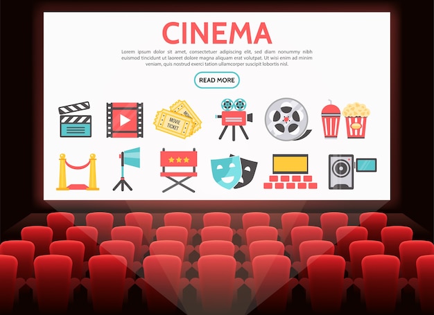 Бесплатное векторное изображение Плоские элементы кино с кинопленкой, билетами на кинокамеру, газировкой, попкорном, вагонкой, красной ковровой дорожкой
