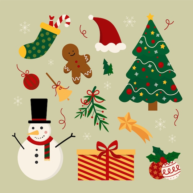 Бесплатное векторное изображение Плоский дизайн рождественская коллекция элементов