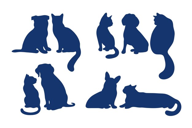 Набор силуэтов собак и кошек в плоском дизайне