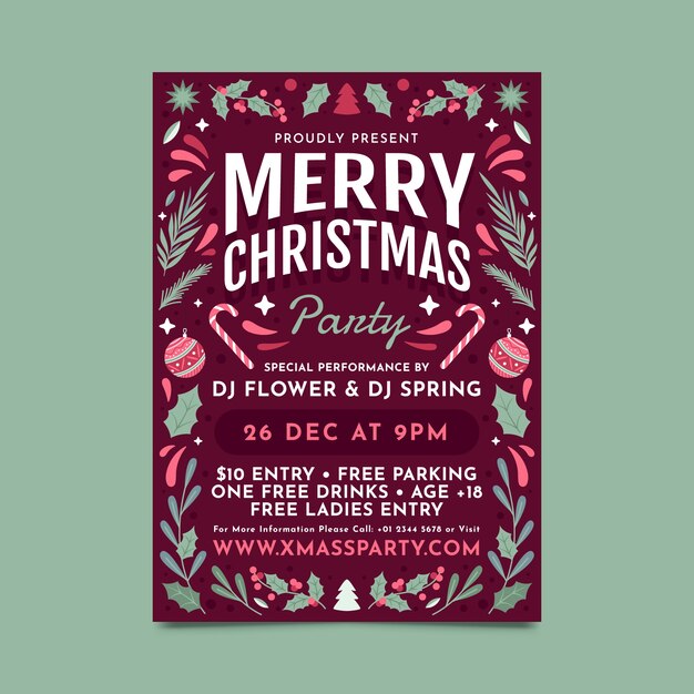 Flat design merry christmas party poster template
