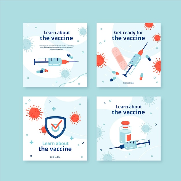 Бесплатное векторное изображение Пакет постов вакцины instagram в плоском дизайне