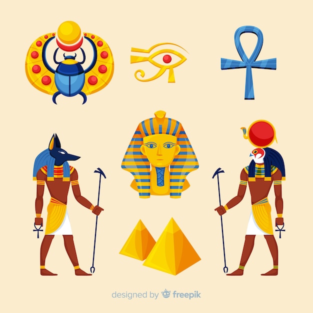 Бесплатное векторное изображение Плоские египетские символы и коллекция богов