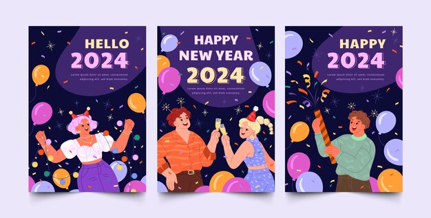 Коллекция плоских поздравительных открыток к празднованию Нового 2024 года