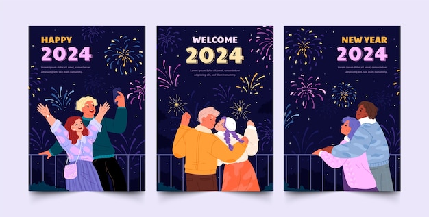 Коллекция плоских поздравительных открыток к празднованию Нового 2024 года
