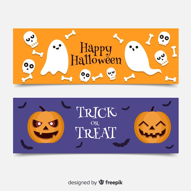 Бесплатное векторное изображение Плоские баннеры хэллоуин с призраками и тыквами