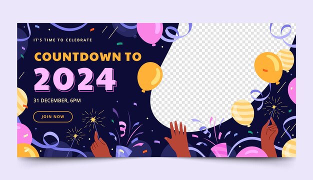 Шаблон плоского горизонтального баннера для празднования Нового 2024 года