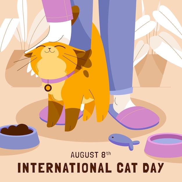 Бесплатное векторное изображение Плоская иллюстрация международного дня кошек с кошкой вокруг ног владельца