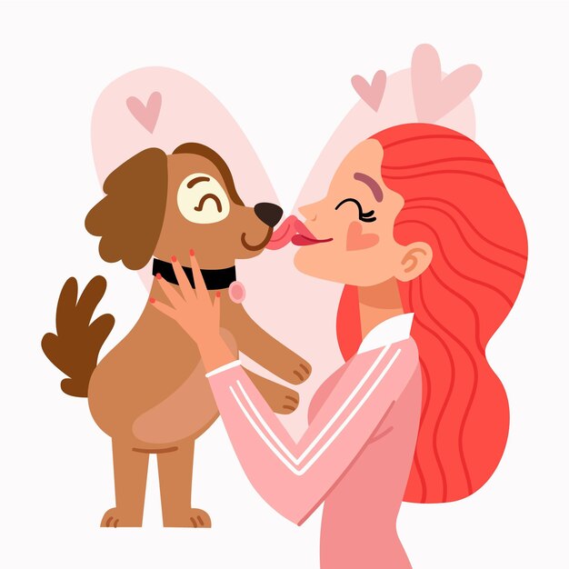 Плоская иллюстрация международного дня поцелуев с женщиной и собакой