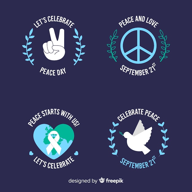Free vector flat peace day badge collection on dark background