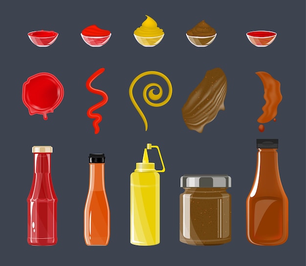Free vector flat set with bottles and strips of tomato ketchup mustard chili bbq sauces isolated against color background vector illustration