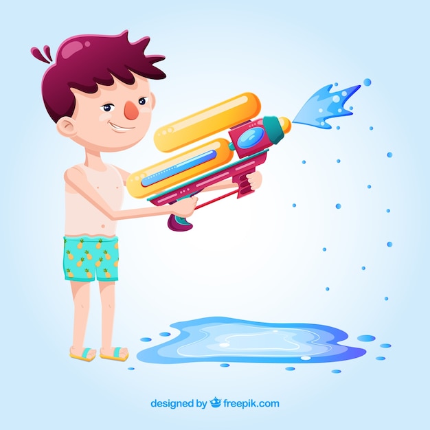 Бесплатное векторное изображение Ребенок играет с красочным водяным пистолетом