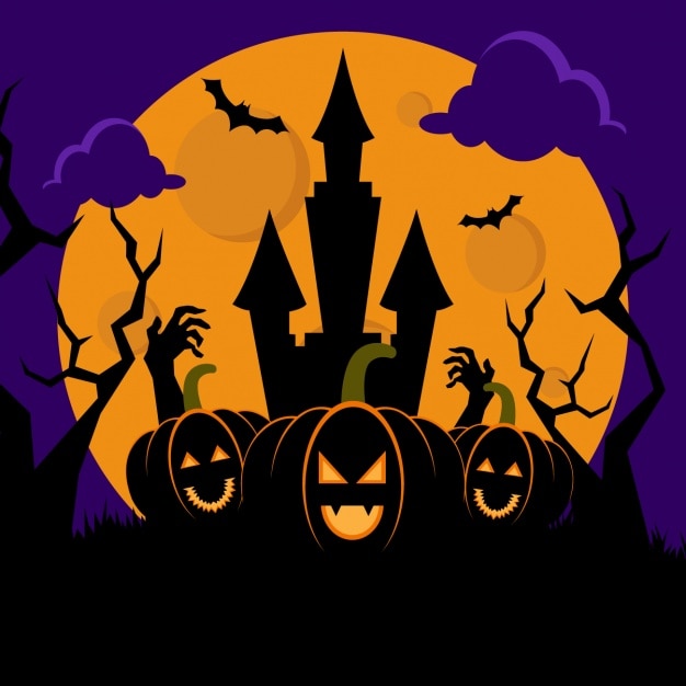 Бесплатное векторное изображение Хэллоуин фон ночь с дом с привидениями и тыкв