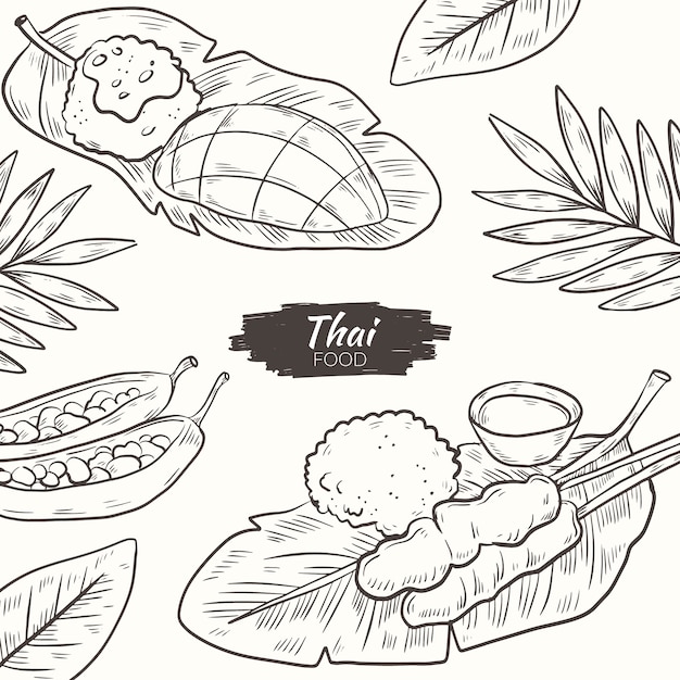 Нарисованная рукой иллюстрация тайской еды
