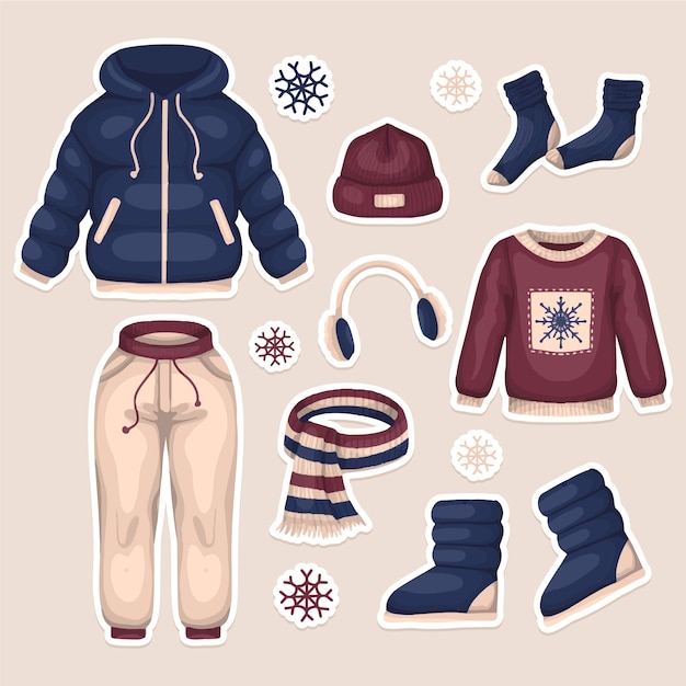 Бесплатное векторное изображение Ручной обращается пакет зимней одежды